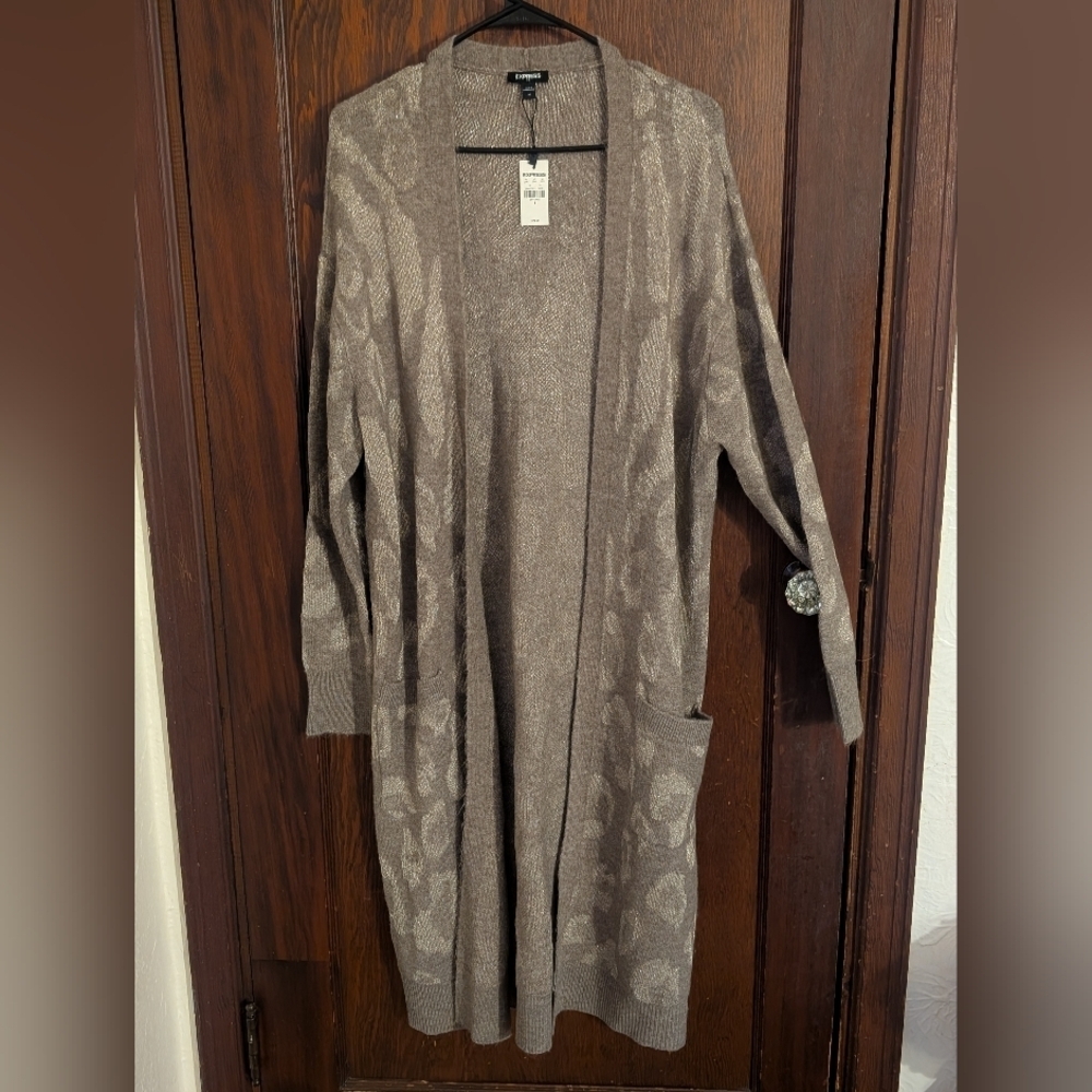 New With Tags Express Animal Print Brown Long Length Pockets Cardigan Size Med